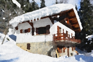 Picture of the Génépi chalet in winter with oil painting effect